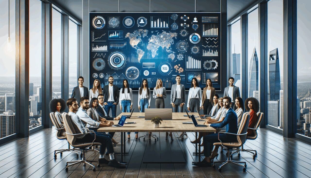 Equipo de emprendedores reunido en una sala de conferencias moderna con pantallas y laptops, ambiente colaborativo y tecnológico.