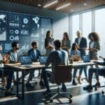 Equipo de emprendedores colaborando en una sala de reuniones moderna con pantallas digitales y gráficos de datos.