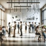 Fotografía de jóvenes empresarios en una oficina moderna, discutiendo frente a pizarras con esquemas de crecimiento.