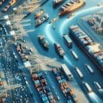 Vista aérea del Puerto de Santos con contenedores y barcos en movimiento