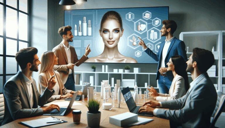 Emprendedores en un espacio moderno trabajando en proyectos tecnológicos enfocados en belleza y cosmética.