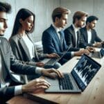 Personas jóvenes trabajando con computadoras portátiles y gráficos digitales de criptomonedas en una oficina moderna.