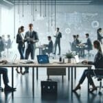 Mesa de trabajo tecnológica con laptops y dispositivos móviles, empleados colaborando en ambiente moderno.