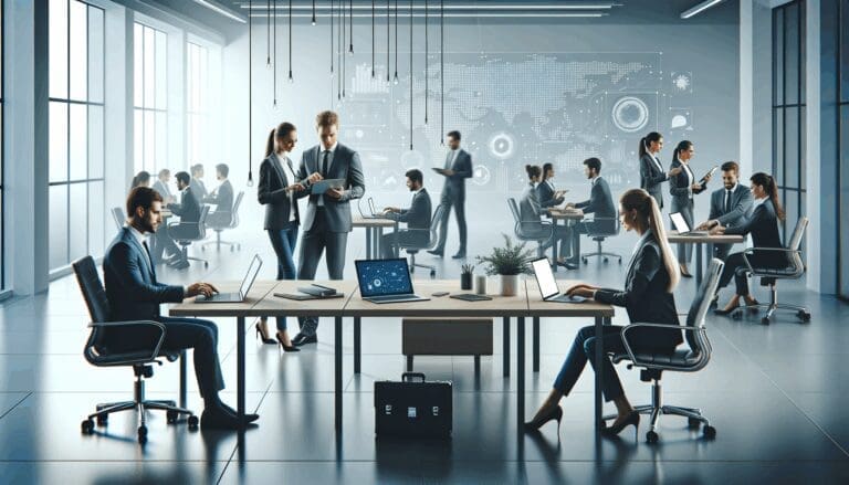 Mesa de trabajo tecnológica con laptops y dispositivos móviles, empleados colaborando en ambiente moderno.