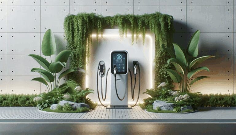 Cargador de vehículos eléctricos moderno rodeado de vegetación, ambiente urbano limpio, enfoque tecnológico.