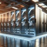 Primer plano de servidores tecnológicos y cables lumínicos en un centro de datos moderno.