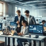 Emprendedores colaborando en un moderno laboratorio tecnológico, rodeados de computadoras y equipamiento científico.