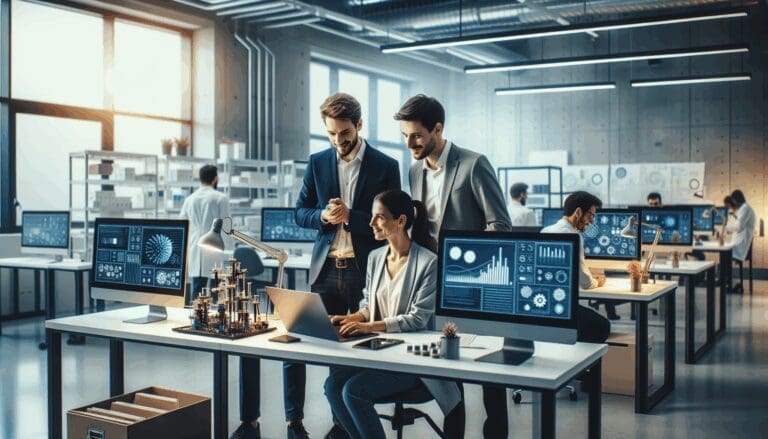 Emprendedores colaborando en un moderno laboratorio tecnológico, rodeados de computadoras y equipamiento científico.
