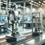 Primer plano de un robot industrial en una línea de ensamblaje de tecnología avanzada, fondo desenfocado de laboratorio moderno.