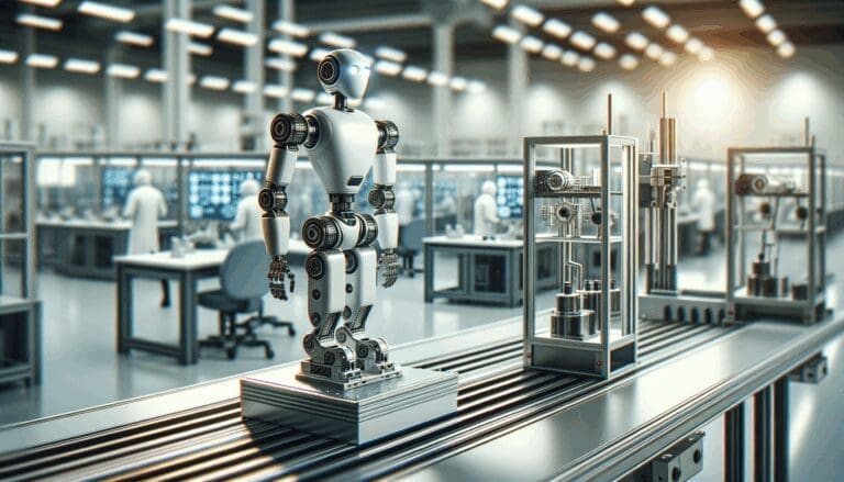 Primer plano de un robot industrial en una línea de ensamblaje de tecnología avanzada, fondo desenfocado de laboratorio moderno.