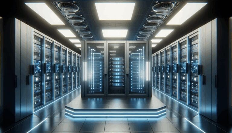 Centro de datos moderno con servidores y luces LED, ambiente tecnológico futurista.