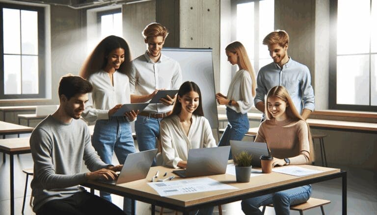 Jóvenes profesionales colaborando en una oficina moderna de coworking, laptops y pizarras en un entorno tecnológico.