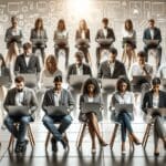 Espacio moderno con emprendedores en laptops durante un evento de innovación tecnológica.