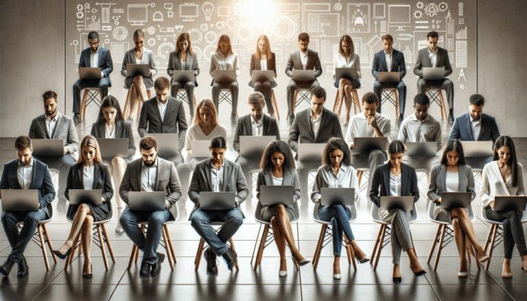 Espacio moderno con emprendedores en laptops durante un evento de innovación tecnológica.