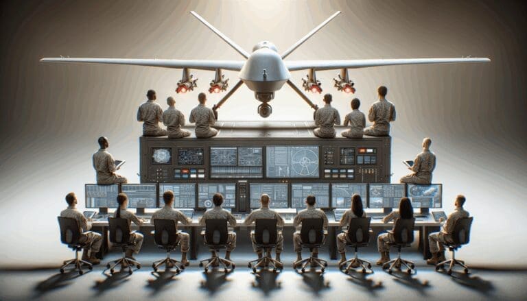 Drones militares sobre una mesa de trabajo tecnológica con ingenieros observando pantallas.