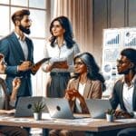 Equipo diverso de emprendedores colaborando en una sala moderna con pizarras digitales y laptops.