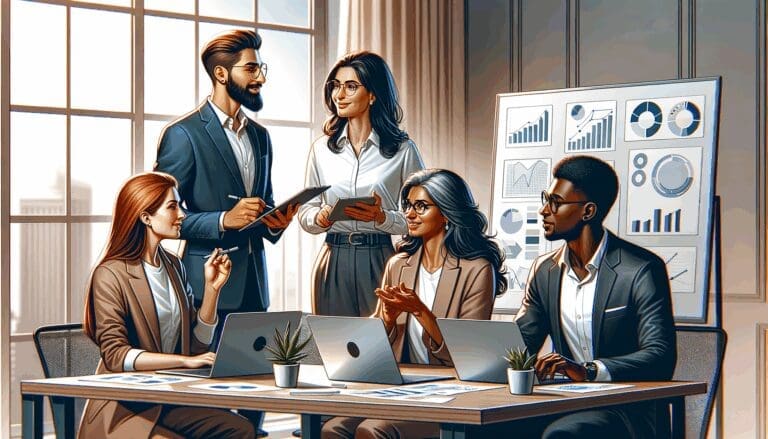 Equipo diverso de emprendedores colaborando en una sala moderna con pizarras digitales y laptops.