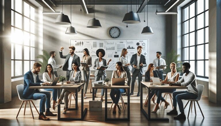 Grupo diverso de emprendedores colaborando en una sala moderna con pizarras y laptops.