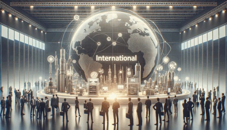 Startups internacionales mostrando prototipos tecnológicos en una feria industrial moderna.