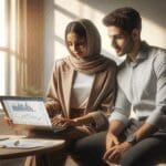 Dos emprendedores reunidos en una oficina luminosa, revisando gráficos de inversión en computadora portátil.