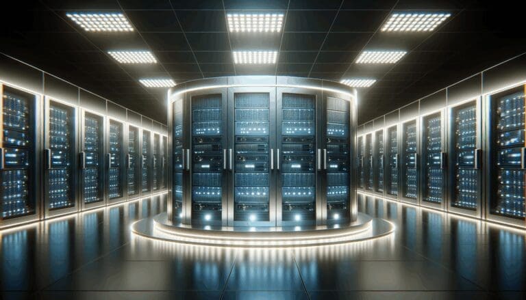 Centro de datos moderno iluminado, repleto de servidores y tecnología avanzada.