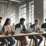 Empresarios jóvenes en una moderna sala de trabajo colaborativo con laptops, ambiente dinámico y profesional.