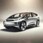 Fotografía de un vehículo eléctrico moderno en un estudio con luz neutra, enfoque en detalles tecnológicos.