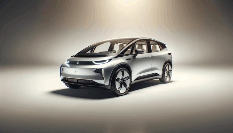 Fotografía de un vehículo eléctrico moderno en un estudio con luz neutra, enfoque en detalles tecnológicos.