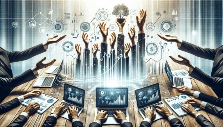 Manos colaborando sobre una mesa con laptops y diagramas de crecimiento, fondo moderno y tecnológico.