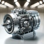 Primer plano de un motor eléctrico moderno con componentes de alta tecnología y fondo desenfocado.