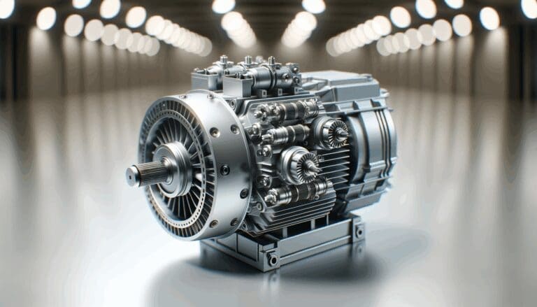 Primer plano de un motor eléctrico moderno con componentes de alta tecnología y fondo desenfocado.