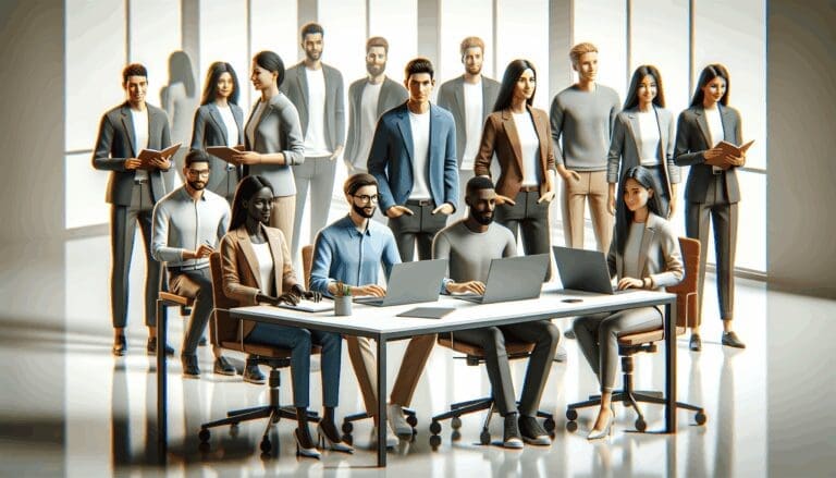 Equipo multicultural de jóvenes profesionales trabajando en una oficina moderna y tecnológica.