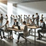 Oficina moderna con jóvenes emprendedores usando laptops y pizarras tecnológicas.