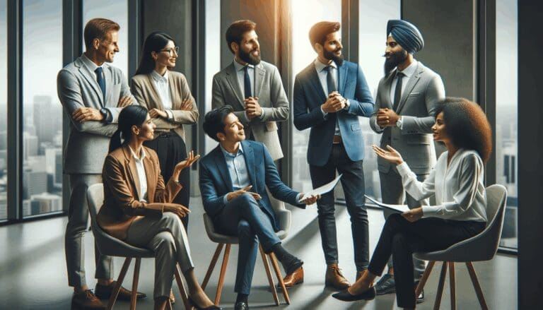 Emprendedores discutiendo estrategias en un moderno centro de negocios.