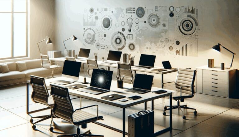 Oficina moderna con laptops y dispositivos tecnológicos.