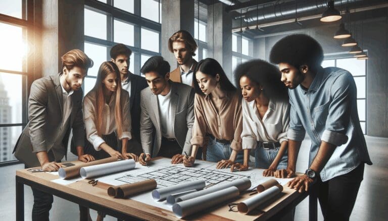 Jóvenes emprendedores analizando planos y datos en un espacio de coworking moderno.