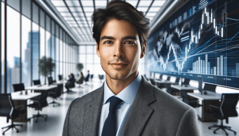 Retrato editorial de un inversionista latinoamericano en un entorno moderno de oficina, con fondo difuminado de gráficos financieros.
