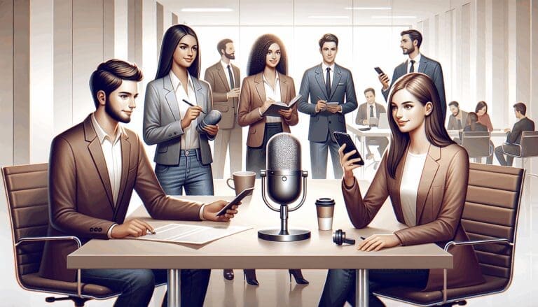 Ilustración elegante de jóvenes emprendedores trabajando alrededor de micrófonos y asistentes de voz en un entorno moderno y tecnológico.