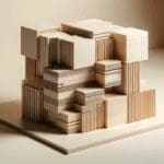 Módulos de madera modernos apilados en un sitio de construcción limpio, listos para ensamblarse.