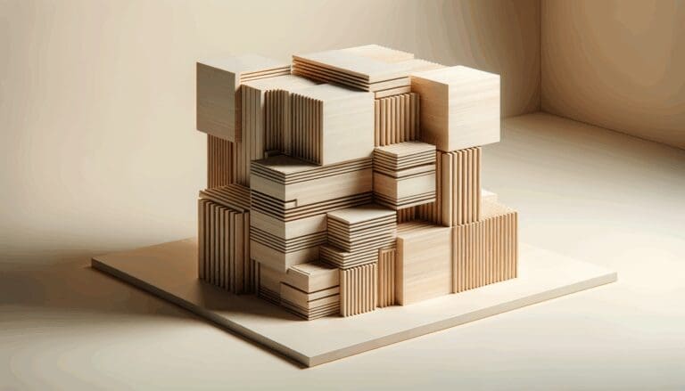 Módulos de madera modernos apilados en un sitio de construcción limpio, listos para ensamblarse.