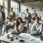 Grupo de jóvenes empresarios en coworking moderno, laptops y mapas, ambiente luminoso y profesional