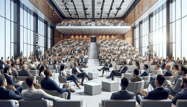 Auditorio moderno con emprendedores y expertos debatiendo sobre tecnología y startups.