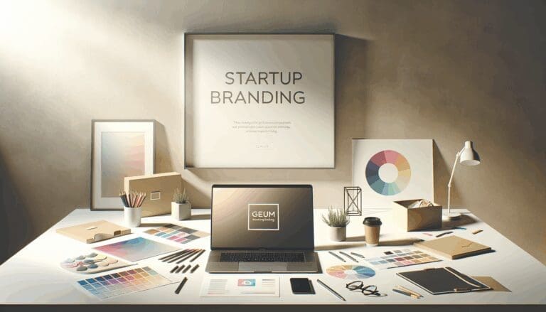 Un escritorio minimalista con laptop abierta, paletas de colores y papeles, representando creatividad en branding de startups.