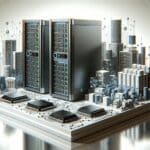 Ilustración de servidores de inteligencia artificial y chips modernos en un entorno tecnológico.