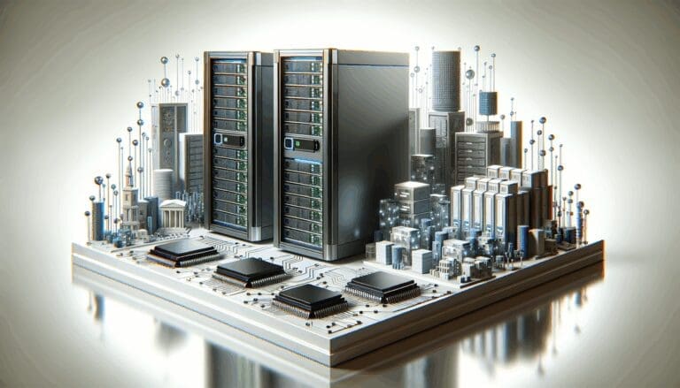 Ilustración de servidores de inteligencia artificial y chips modernos en un entorno tecnológico.