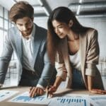 Dos emprendedores revisando gráficos en una mesa de trabajo en un espacio moderno y tecnológico.