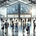 Personas conversando y conectando en un gran espacio de exhibición tecnológica, con pantallas digitales y ambiente moderno.