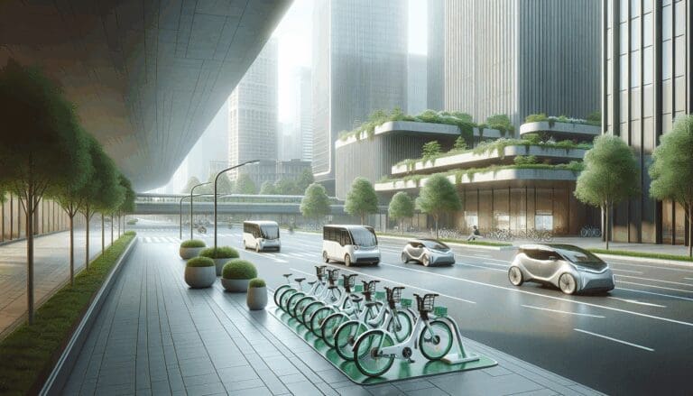 Calles urbanas con bicicletas eléctricas y vehículos compartidos en un entorno verde y moderno.
