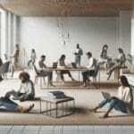 Espacio de oficina moderno y relajado donde varias personas trabajan descalzas sobre alfombras y mobiliario informal.