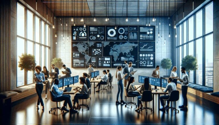 Equipo de emprendedores colaborando en un espacio de coworking moderno con pantallas digitales.